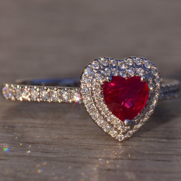 Heart Shaped Natural Ruby and Double Halo Natural Diamond Ring - Picture 6 of 10